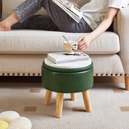 IBUYKE 13 Inch Foot Stool Ottoman with Storage, Round Small Foot Rest with Padded Seat and Wood Legs, PU Faux Leather Mini Footstool for Living Room Couch Bedroom Entryway, Dark-Green WBD023GR
