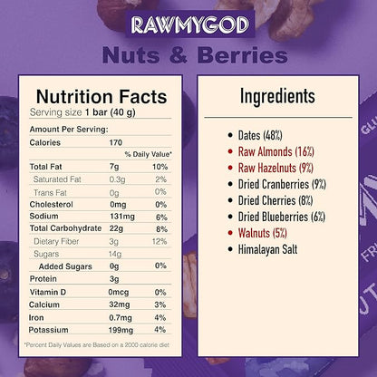RAWMYGOD Fruit and Nut Bars, Gluten Free, Vegan, No Added Sugar (16 bars, Variety Pack I - 4 Raw Cacao, 3 Apple & Cinnamon, 3 Nuts & Berries, 3 Cherry Peanut, 3 Pistachio & Cranberry)