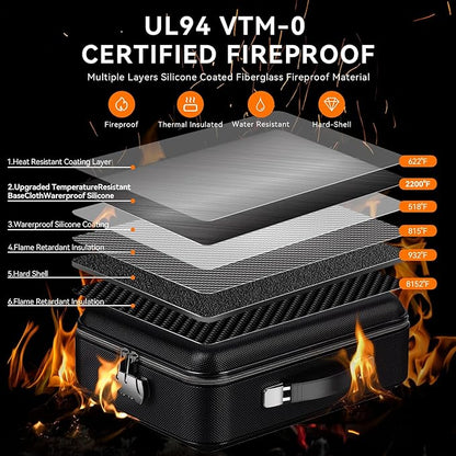 Fireproof Document Box with Lock, Large Hard Fireproof File Organizer Heat Insulated Fireproof Waterproof Box Portable Home Travel Safe Storage for Important Documents Files Laptop Passports Black
