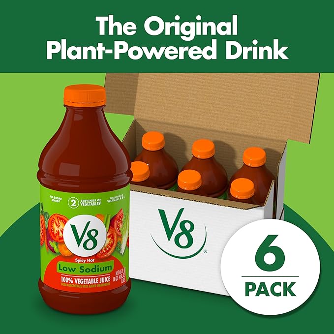V8 Low Sodium Spicy Hot 100% Vegetable Juice, 46 fl oz Bottle (6 Pack)