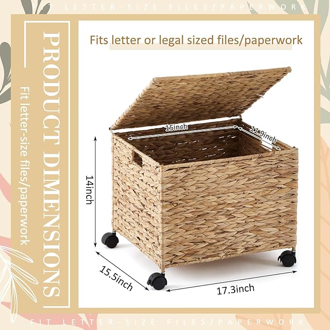 Rolling File Box Organizers, Water Hyacinth Letter/Legal Size File Organizer with Lid and Locking Wheels, Collapsible Hand Woven Hanging Filing Cabinet Box for Office/Home Decor, Natural