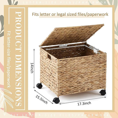 Rolling File Box Organizers, Water Hyacinth Letter/Legal Size File Organizer with Lid and Locking Wheels, Collapsible Hand Woven Hanging Filing Cabinet Box for Office/Home Decor, Natural