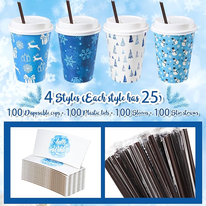Lallisa 100 Sets Christmas Disposable Coffee Paper Cups Bulk with Lids Sleeves & Straws, 12 oz Xmas Blue and White Snowflakes Coffee Cups for Hot Cold Cocoa Tea Holiday Party Supplies