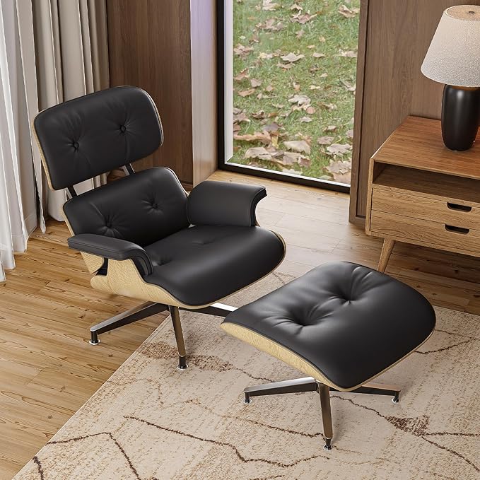 Top Black Grain Leather, Mid Century Chaise Lounge Chair and Ottoman, Modern Chair Classic Design, Ash Wood, Heavy Duty Base Support for Living Room Office