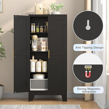 61.02" Kitchen Pantry Cabinet, Pantry Storage Cabinet with 2 Doors and Adjustable Shelves, Black Food Storage for Kitchen, Living Room, Bedroom and Dining Room (Black) Metal Sideboard