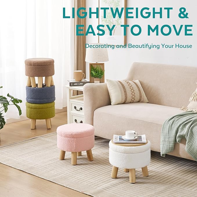 Small Foot Stool Ottoman with Storage, Sherpa Ottoman Foot Rest for Couch, Round Footstool with Storage, Small Ottomans and Footstools for Living Room and Entryway (Pink)
