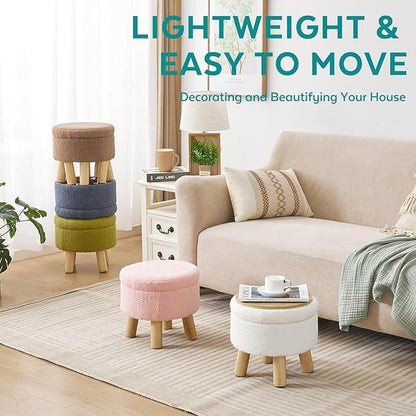 Small Foot Stool Ottoman with Storage, Sherpa Ottoman Foot Rest for Couch, Round Footstool with Storage, Small Ottomans and Footstools for Living Room and Entryway (Pink)