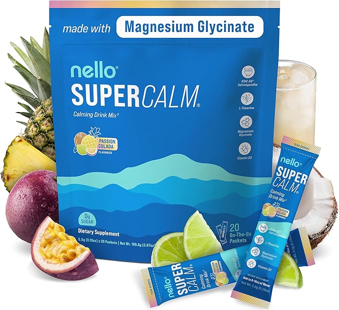 Nello Supercalm Powdered Drink Mix, Cortisol Reducer* and Sleep Aid Supplement, L Theanine, Ksm-66 Ashwagandha, Magnesium Glycinate, Vitamin D 3, No Sugar, Non GMO, On The Go, 20 Ct, Passion Colada