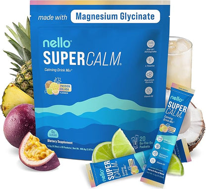 Nello Supercalm Powdered Drink Mix, Cortisol Reducer* and Sleep Aid Supplement, L Theanine, Ksm-66 Ashwagandha, Magnesium Glycinate, Vitamin D 3, No Sugar, Non GMO, On The Go, 20 Ct, Passion Colada
