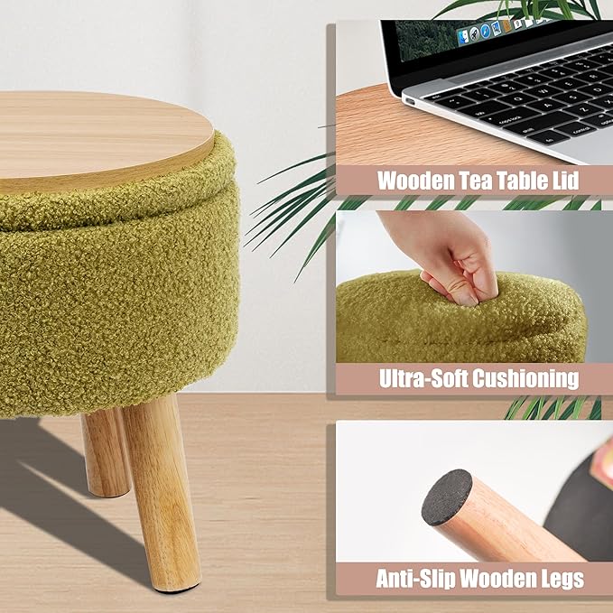 Poofzy Small Ottoman with Storage, Small Foot Stool Ottoman with Wood Legs, Sherpa Foot Rest for Couch, Living Room and Bedroom - Olive Green