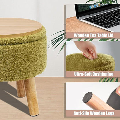 Poofzy Small Ottoman with Storage, Small Foot Stool Ottoman with Wood Legs, Sherpa Foot Rest for Couch, Living Room and Bedroom - Olive Green