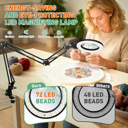 12X & 30X Magnifying Glass with Light, Ultra Long 3 Section Swing Arm LED Desk Lamp with Large Clamp, 3 Color and Brightness Hands Free Magnifier Light and Stand for Workbench Crafts Soldering