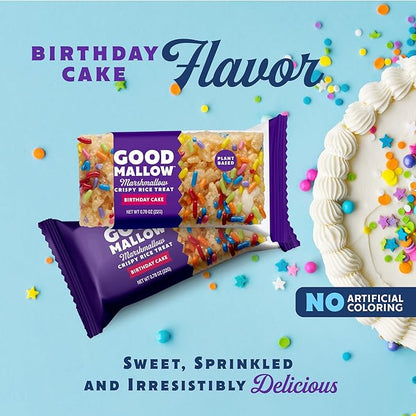 GoodMallow Vegan Rice Crispy Treats Individually Wrapped Box of 8 , Kosher Vegan Snacks, Gluten Free Dairy Free Snacks for Kids & Adults - Healthy Sweets Made with Gourmet Marshmallows , Made in USA (Birthday Cake)