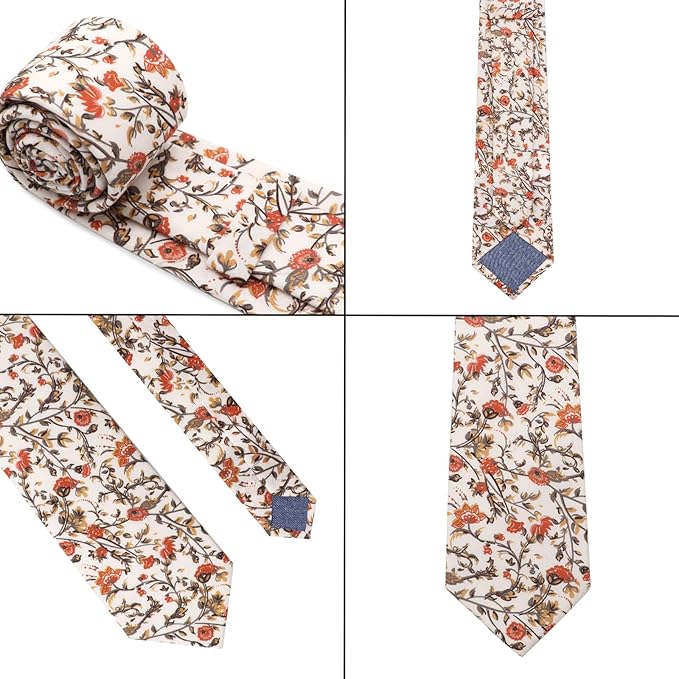 Cotton Floral Ties for Men 2.76" Men's Skinny Tie Linen Flower Printed Neck Tie for Wedding Dating Party