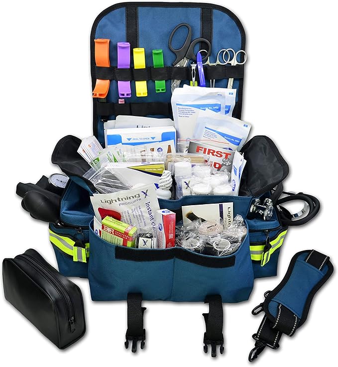 Lightning X Personalized First Responder EMT EMS Trauma Bag w/Stocked First Aid Fill Kit B & Custom Embroidered Name Patch (Blue)