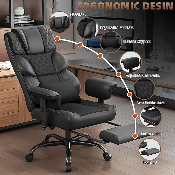 Vonesse Big and Tall Office Chair, Computer Chair with Soft Adjustable Armrests, Ergonomic High Back Gaming Chair with Lumbar Support, Executive Chairs with Footrest (PU Leather + Mesh Fabric,Black)