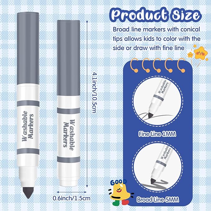 Janlaugh 30 Pcs Mini Washable Markers Bulk Broad Line Conical Tip Washable Mark Pen Set Short Coloring Paint Pen for Kid Art Projects Teacher Student Toddler Party Favors Classroom, Ages 6+(Gray)