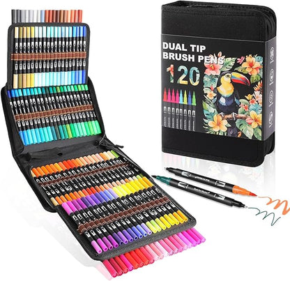 Dual Tip Markers, Double Brush Art Markers Set with Fine Tip and Brush Tip for Adult Coloring Book, Hand Lettering, Calligraphy & Drawing, Art Supplies Kit for Kids and Adults (120 Colors)