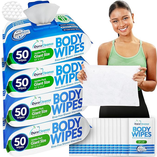 XL Body Wipes - (4 Pack) 200 No Rinse Shower Wipes + 16 Travel Bath Sheets - 10 x 11.5" Thick Cleansing Waterless Washcloths - Disposable Adult Wash Cloths for Elderly Incontinence, Camping Essentials