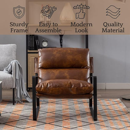 LukeAlon Modern PU Leather Accent Armchairs Set of 2, Upholstered Soft Living Room Chairs with Black Metal Legs Removable Thickened Cushion Sofa Chairs Lounge Chair for Bedroom Living Room, Brown