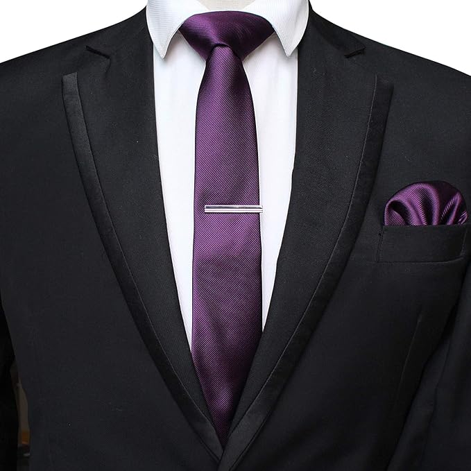 JEMYGINS 2.4" Solid Color Skinny Tie and Pocket Square with Tie Clip Sets for Men (6cm)
