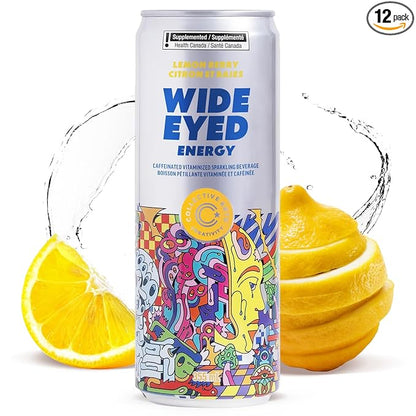 Collective Arts Wide Eyed Energy Drinks | Naturally-Flavored Caffeinated Vitaminized Sparkling Beverage With Fruit Extracts | Lemon Berry BOOST | Pack of 12 | 12 fl oz.(355ml)