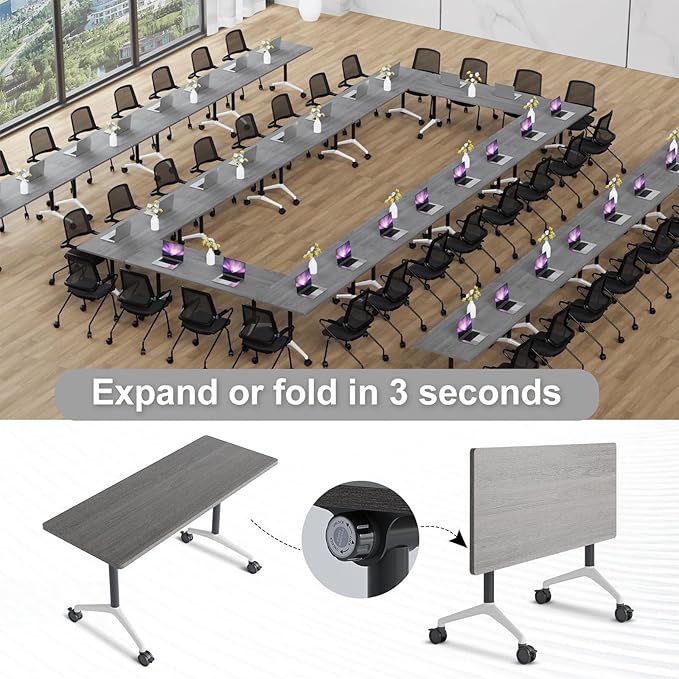 Folding Conference Table,Conference Table with Wheels,Large Flip-Top Training Table,Freely Combinations,Easy to Move for Offices, Schools,Training Rooms（8,Gray,55in