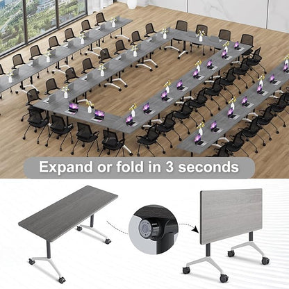 Folding Conference Table,Conference Table with Wheels,Large Flip-Top Training Table,Freely Combinations,Easy to Move for Offices, Schools,Training Rooms（6,Gray,71in