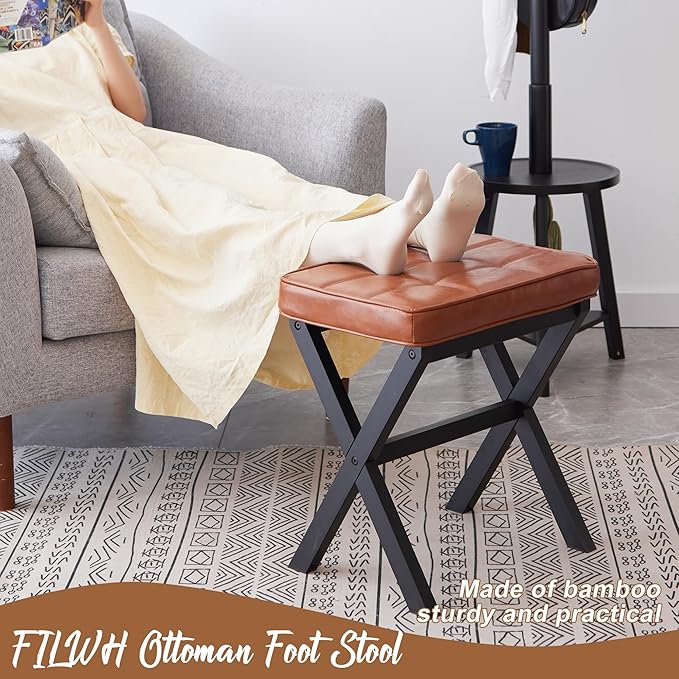 FILWH Foot Stool Small Ottoman - Padded Desk Foot Rest for Under Office Desk, Vanity, Sofa - Bamboo Footstool Shoe Stool (Black Legs + Reddish Brown)
