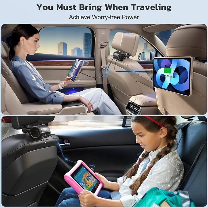 OHLPRO Car Back Seat Charger with Retractable Cables, Headrest Mount Phone Tablet Charger with USB-C PD30W & iOS PD20W Wires, 4-Port Adapter for Uber Taxi Rideshare, with Cigarette Lighter Plug