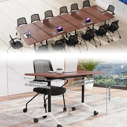 Conference Table, Folding Conference Room Table On Wheels Foldable Office Conference Table Moderen Modular Conference Training Table for Classroom Meeting(Walnut, 63IN, 8)