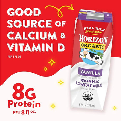 Horizon Organic Shelf Stable 1% Lowfat Vanilla Milk Boxes, 8 fl oz, 6 Count - 8g Protein per Serving, USDA Organic UHT, Ready to Drink for Lunchbox, Travel, or On-the-Go, No Refrigeration Needed