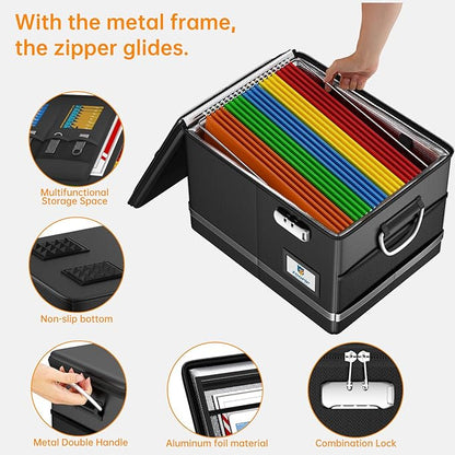 Fireproof Document Box,5200°F File Organizer Box with Lock,Foldable Filing Organizer Cabinet, Portable Safe Storage for Hanging Letter/Legal Folder,Black