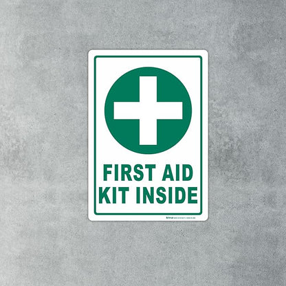 Brimar - 7" x 10" - First Aid Kit Inside Sign - 3.5 Mil InfiniStick™ Vinyl Label - Easy Installation - High Visibility