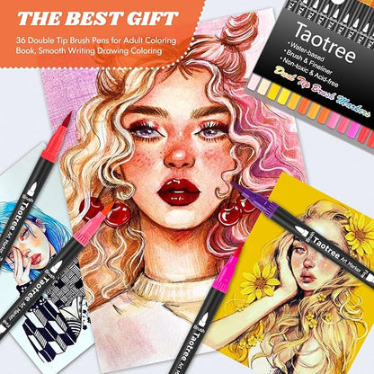 Taotree 36 Colors Dual Tip Art Markers Pens for Adult Coloring Books, Artist Fine & Brush Tip Coloring Marker Drawing Pens for Journaling Note Taking Lettering Calligraphy Craft Art Supplies Set