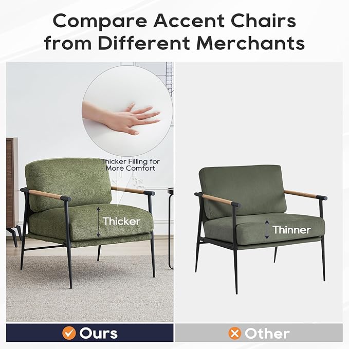 Accent Chair Mid Century Modern Armchair for Living Room,Bedroom,Office,Lounge Comfy Chenille Upholstered Soft Removable Washable Cushions and Pillows,Metal Wood-Grain Armrest Legs,Green