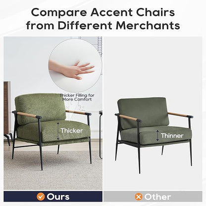 Accent Chair Mid Century Modern Armchair for Living Room,Bedroom,Office,Lounge Comfy Chenille Upholstered Soft Removable Washable Cushions and Pillows,Metal Wood-Grain Armrest Legs,Green