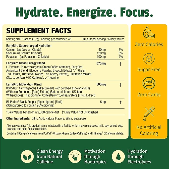 EarlyBird Energy Drink Powder - Morning Cocktail Pink Guava - Zero Sugar Electrolytes with Amino Acids - Electrolytes Powder & Caffeine Drink Mix for Morning Energy, Focus & Hydration - 45 Servings