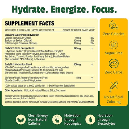 EarlyBird Energy Drink Powder - Morning Cocktail Pink Guava - Zero Sugar Electrolytes with Amino Acids - Electrolytes Powder & Caffeine Drink Mix for Morning Energy, Focus & Hydration - 45 Servings