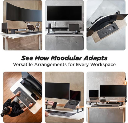 Moodular Wooden Monitor Stand 45.6” (116cm) Large Desk Organizer with Metal Slide Rails for Drawer, Tray, Laptop, Tablet, Phone & Headphones Customizable Riser for Organized Workspace Walnut