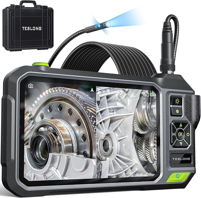 Triple Lens Borescope with 7" IPS Screen, Teslong 1080P HD Industrial Endoscope Inspection Camera with Light, 16.5FT Flexible Automotive Mechanic Scope Tool, Waterproof Pipe Snake Camera in Wall Cam