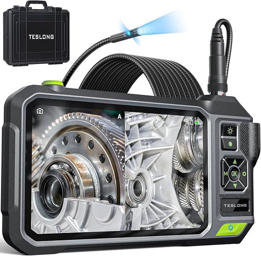Triple Lens Borescope with 7" IPS Screen, Teslong 1080P HD Industrial Endoscope Inspection Camera with Light, 16.5FT Flexible Automotive Mechanic Scope Tool, Waterproof Pipe Snake Camera in Wall Cam