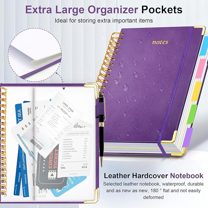 Hardcover Spiral Notebook 6.2"x 8.2" Journal Notebook with Tabs and Removable Dividers 300 Pages 5 Subject Notebook College Ruled, Faux Leather Spiral Bound Notebook for Women School Work (Purple)