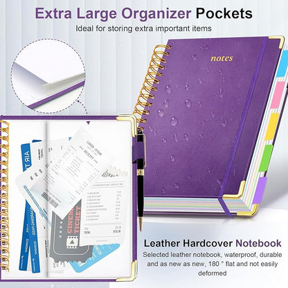Hardcover Spiral Notebook 6.2"x 8.2" Journal Notebook with Tabs and Removable Dividers 300 Pages 5 Subject Notebook College Ruled, Faux Leather Spiral Bound Notebook for Women School Work (Purple)
