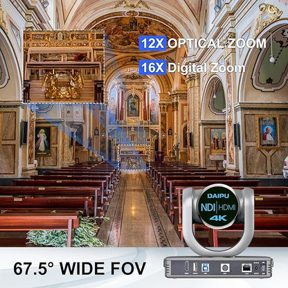 NDI PTZ Camera 4K, 1/2.8" 8.29MP CMOS Sensor, HDMI USB3.0 LAN PoE, 12X Optical+16X Digital Zoom, AI Auto Tracking, 255 Presets, NDI HX2 Certified, for Church Worship Live Streaming Conference Room