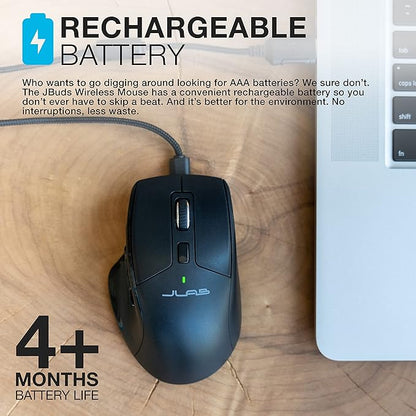 JLab JBuds Wireless Mouse, Connect Via Bluetooth or USB Wireless Dongle, Multi-Device Toggle, Up to Three Devices, Custom User Profiles, Adjustable Tracking, Full-Size, Rechargeable, (1 Pack)