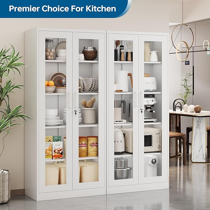 Display Storage Cabinet with Glass Door, 71 Inches Metal Curio Cabinet with 4 Adjustable Shelves, Locking Glass Display Case for Home, Office, Clinic, Pantry, Assemble Required (White)
