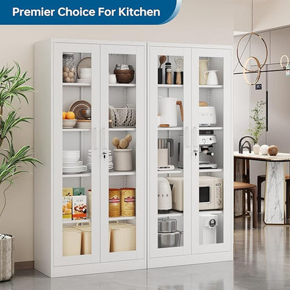 Display Storage Cabinet with Glass Door, 71 Inches Metal Curio Cabinet with 4 Adjustable Shelves, Locking Glass Display Case for Home, Office, Clinic, Pantry, Assemble Required (White)