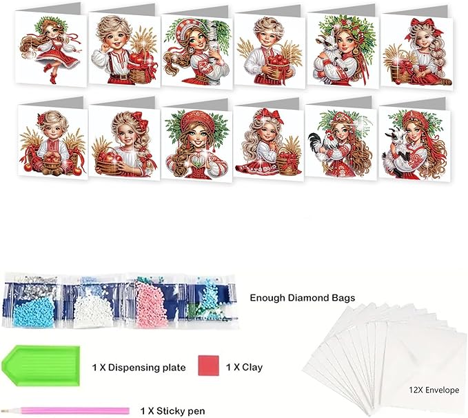 jinglinhh 12pcs Diamond Art Painting Boys and Girl in Red Greeting Cards with Envelopes, DIY Card Making Kits for Adults, Diamond Art Christmas Cards for Birthday Holiday Postcards Craft Gifts