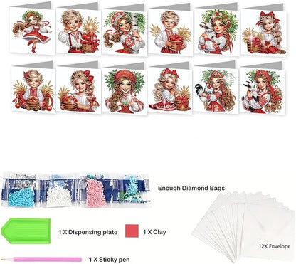 jinglinhh 12pcs Diamond Art Painting Boys and Girl in Red Greeting Cards with Envelopes, DIY Card Making Kits for Adults, Diamond Art Christmas Cards for Birthday Holiday Postcards Craft Gifts